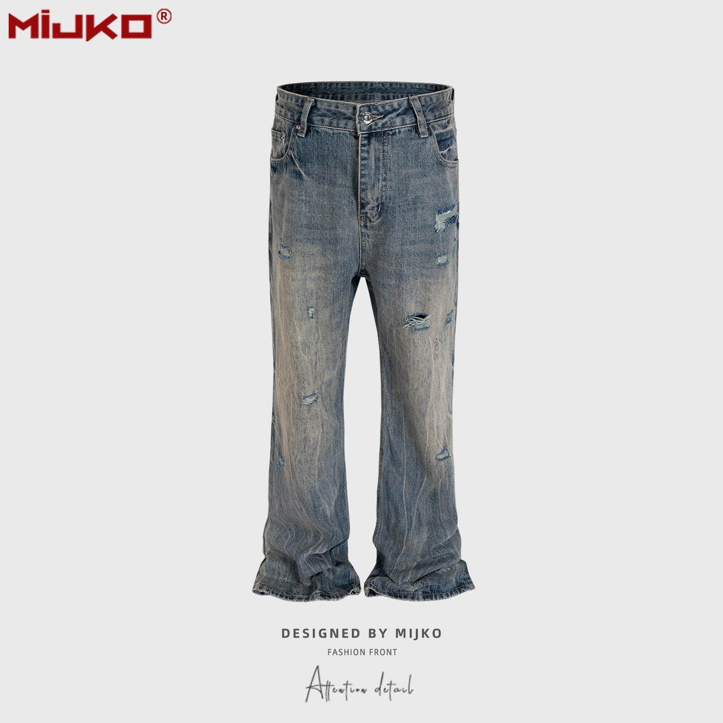MIJKO Mens Vintage Pants Distressed Blue Bootcut Jeans