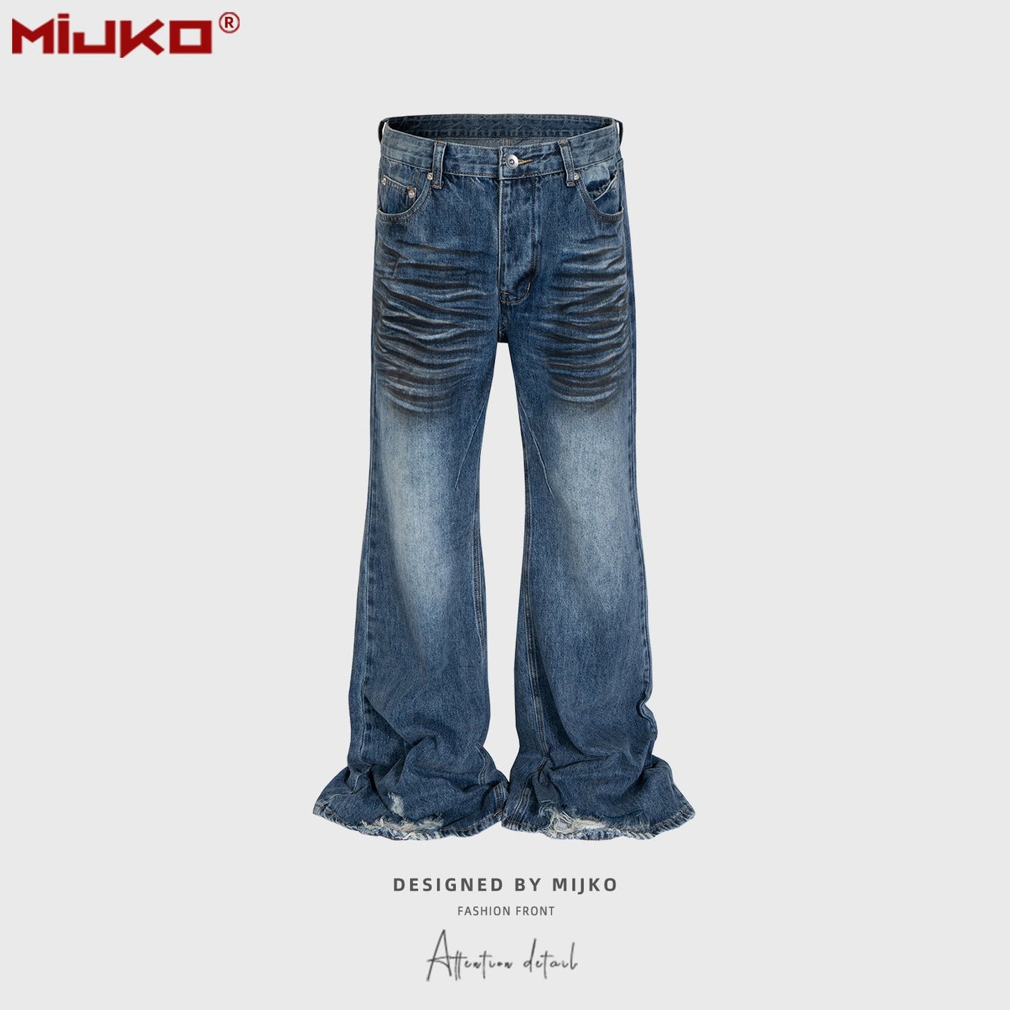 MIJKO Mens Vintage Pants Ripped Wide-Foot Jeans