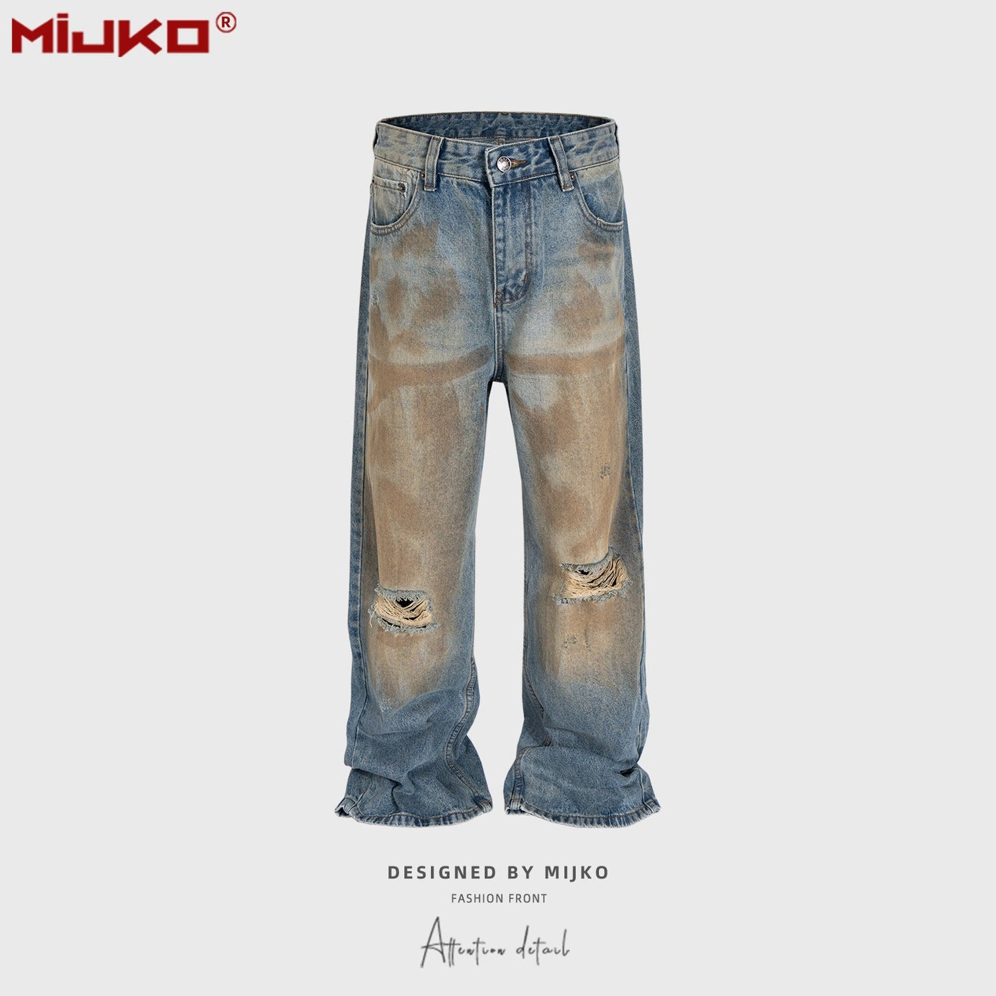 MIJKO Mens Vintage Pants Ripped Old Blue Jeans