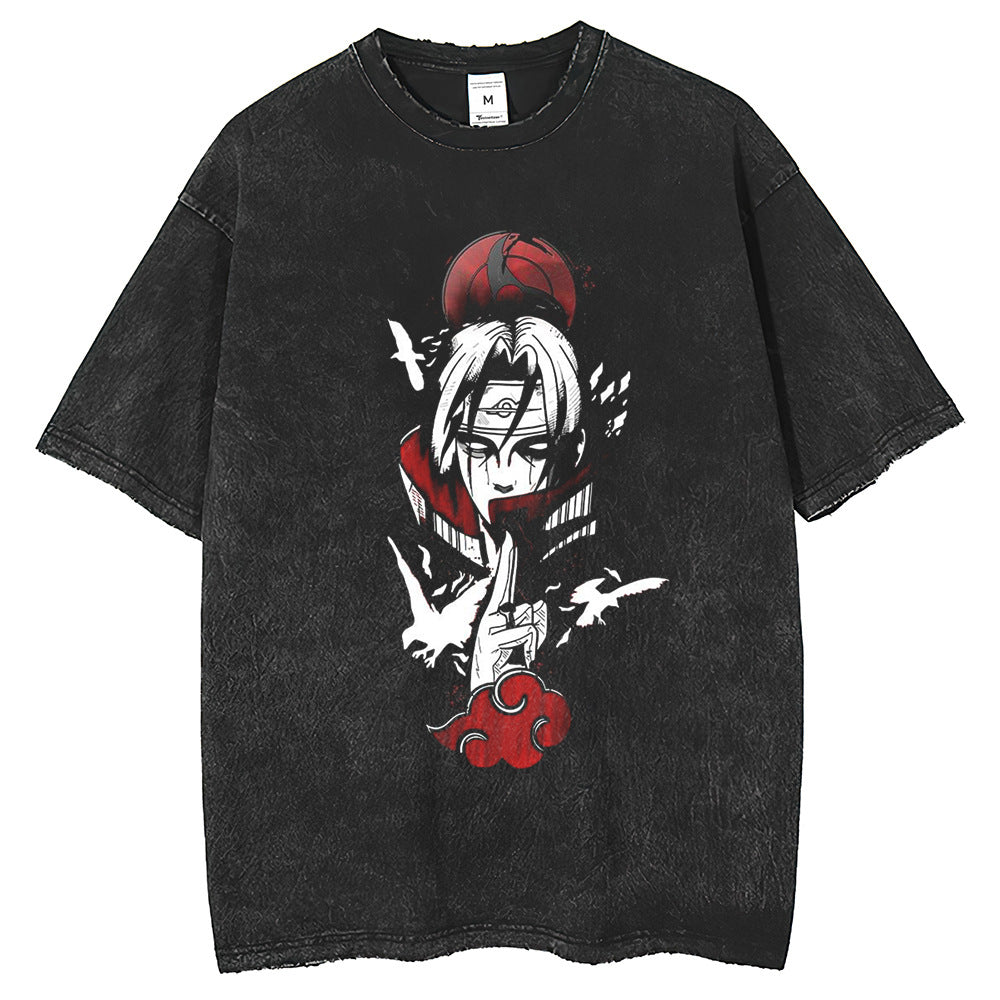 Men T Shirts Hokage Print T-Shirt Retro Old Washed Black