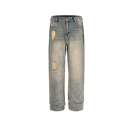 MIJKO Men's Vintage Pants MIJKO ripped trousers men's and women's washed water old jeans