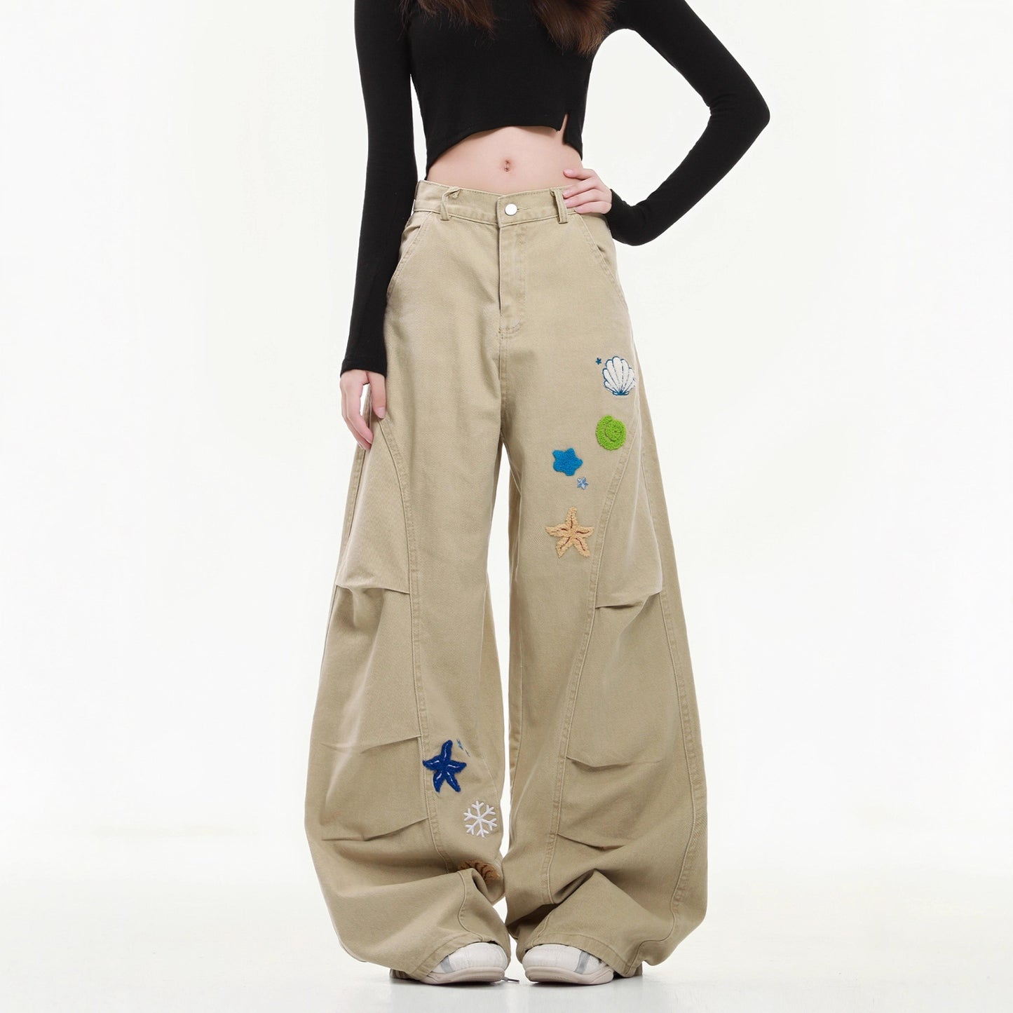 Women casual pant embroider cartoon loose