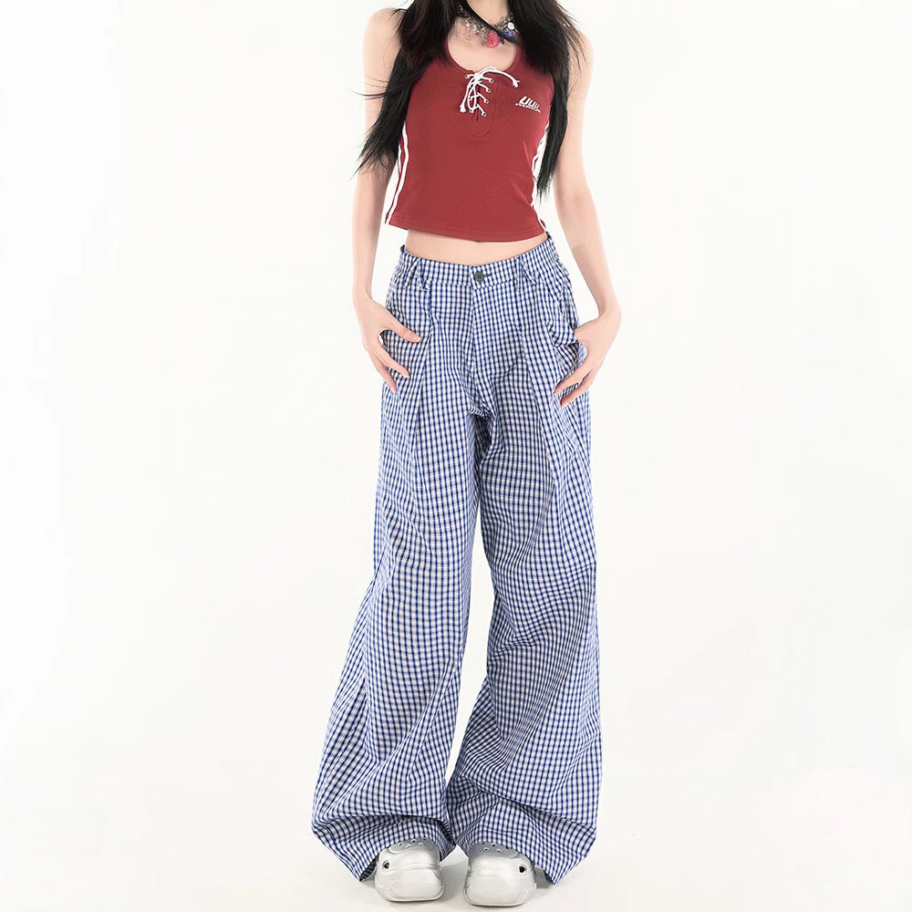 Women casual pants blue plaid summer high waist