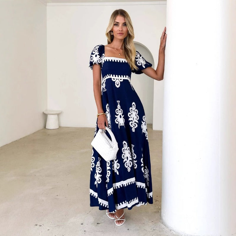 Women's dress - summer amazon independent site fashion cross-border women's clothing - vacation style printed beach dress - shirred dress for women