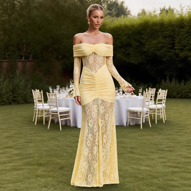 Women's dress: european and american style, elegant lace off-the-shoulder maxi dress, fashionable sexy long sleeve backless slim-fit dress for women