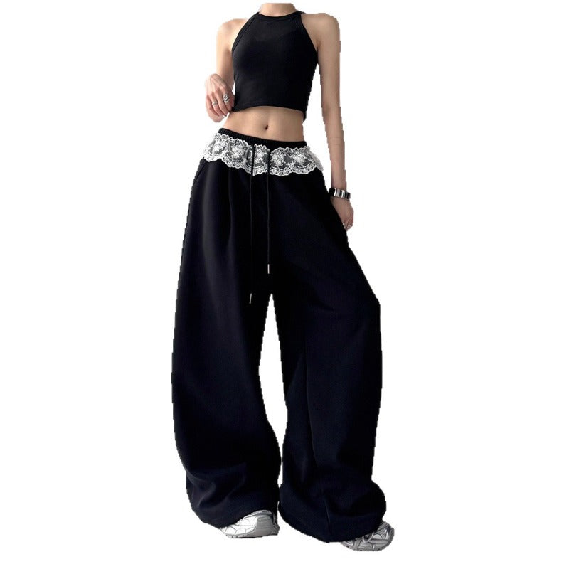 Women casual pants women's summer solid color loose lace drawstring trousers