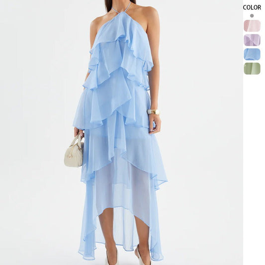Women's french riviera style beach dress - summer sleeveless halter sundress with ruffle trim