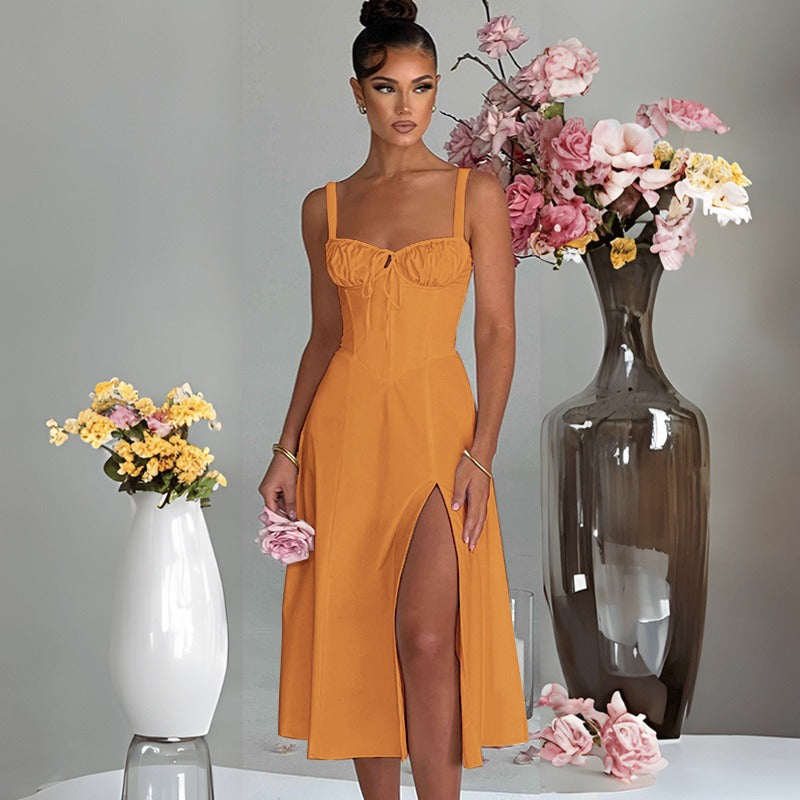 Women's dress - european & american amazon spring/summer fashion casual tie-waist slim-fit slit cami high-end dress