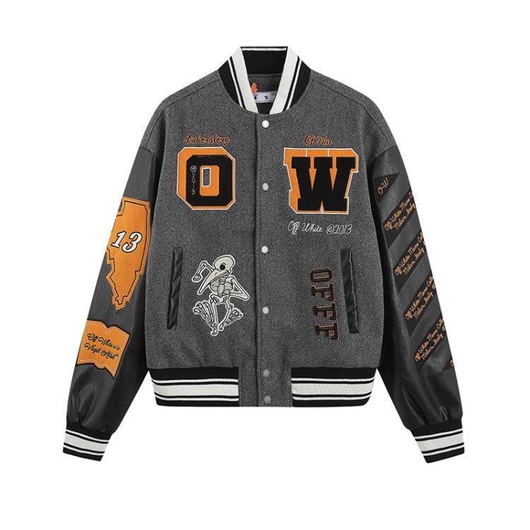 Off White Jacket Spring OW Skull Decal Woolen Splicing Leather Sleeve Heavy Industry Embroidered Jacket