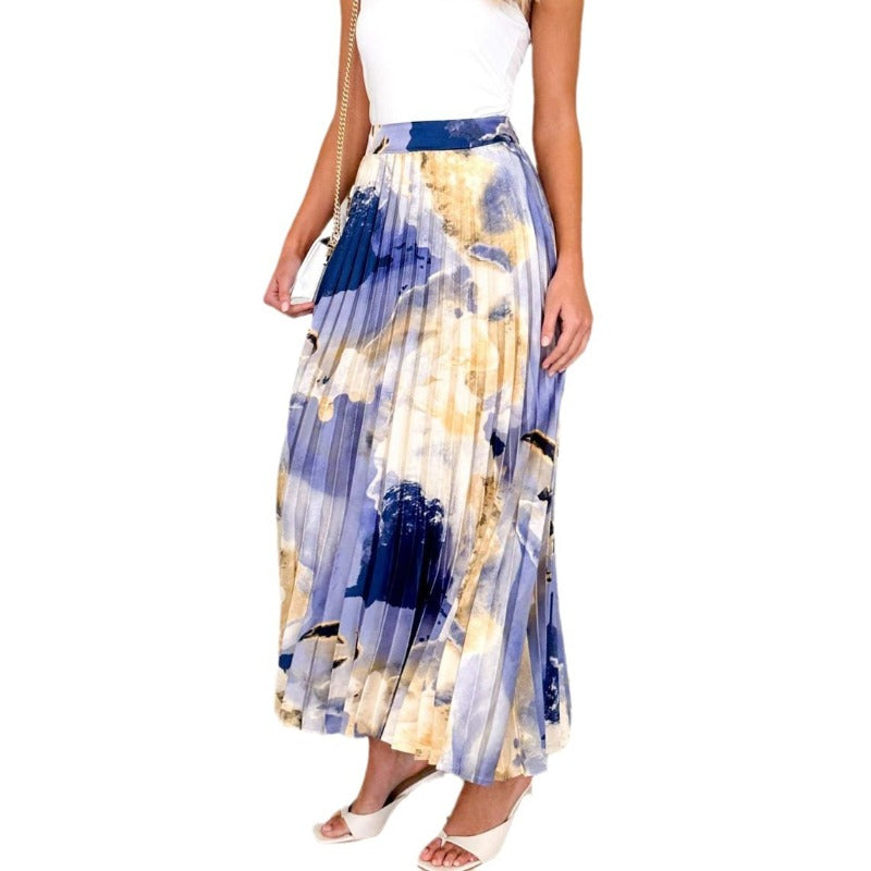 Women's dress - amazon spring/summer high-end oil painting print pleated midi skirt - european and american style drape a-line pleated skirt for women