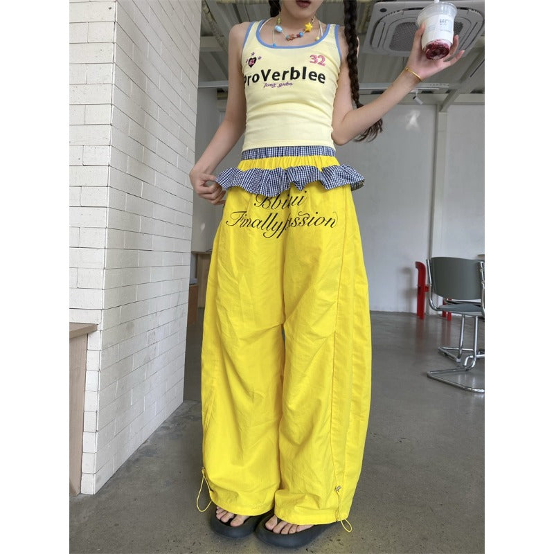 Women casual pants women's plaid lace double waist stitching