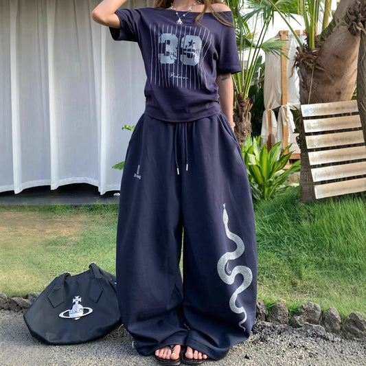 Womens casual pants retro hip hop print slacks sweatpants