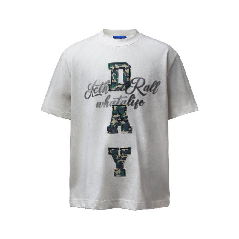 Men's t-shirts: american retro heavyweight double yarn high-quality letter patch embroidery design, men's loose fit short sleeve t-shirt