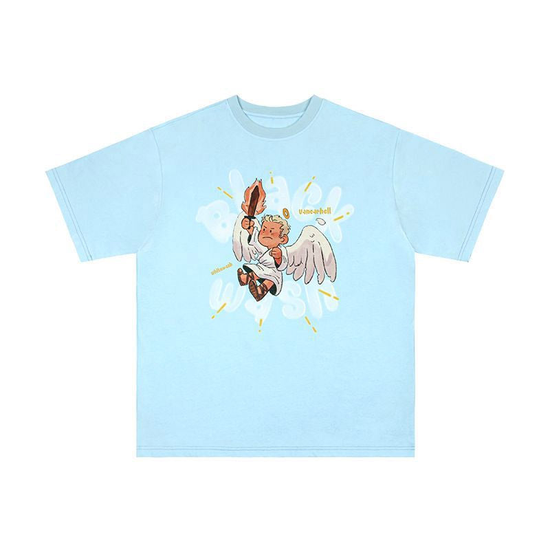 Mens T Shirts Cartoon Angel Print Short Sleeve OversizeT-Shirt