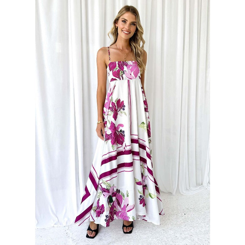Women's dress - independent website, cross-border e-commerce, summer maxi dress, casual square neck, sleeveless, bohemian spaghetti strap, floral long dress for women