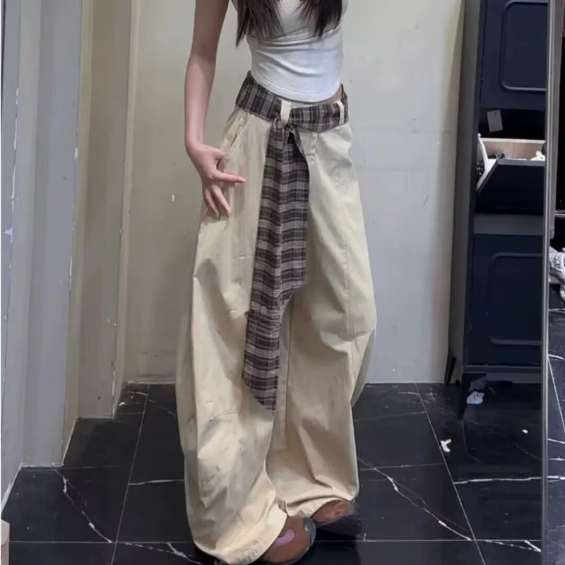 Women casual pants summer women's splicing plaid belt wide leg pants