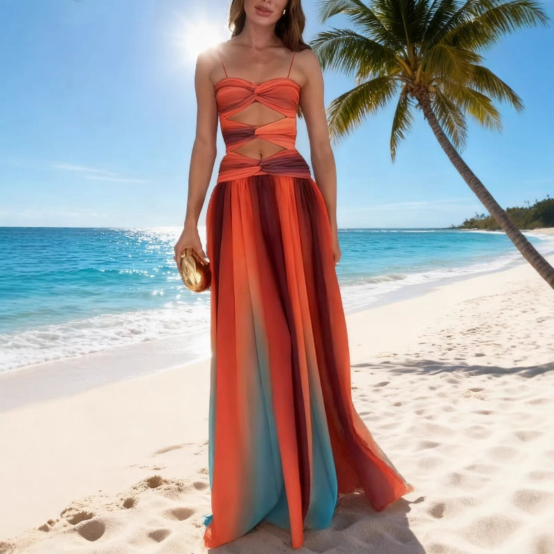 Women's dress - standalone store, amazon, european & american style, vacation beach, slit hem, sleeveless wrap-top, printed women's dress