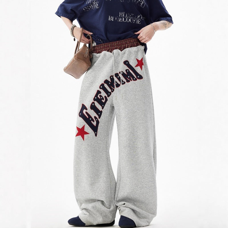 Women's casual pants - vintage style, double waistband, letter print, relaxed fit