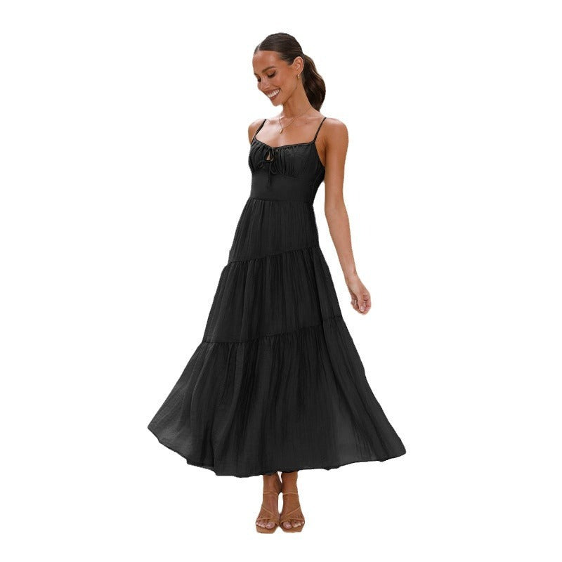 Women's dress - cross-border european & american style, patchwork camisole maxi dress with open back, tie detail, and full skirt. fully lined