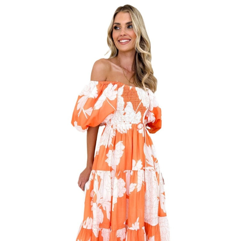 Women's dress - cross-border spring/summer amazon style elegant printed off-the-shoulder puff sleeve fashion european and american dress