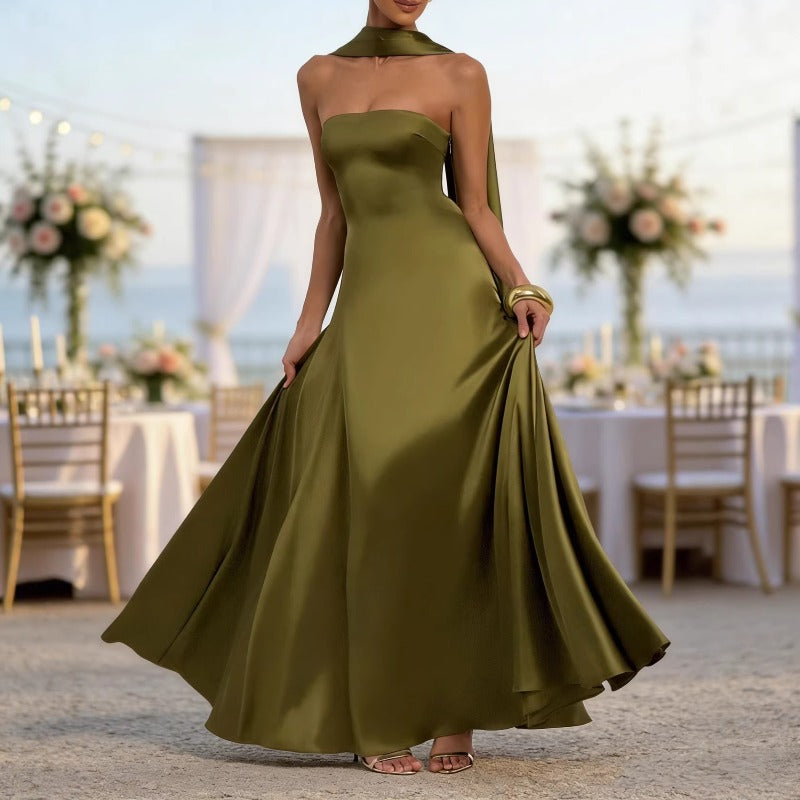 Women's dress - european & american style, sexy, slimming, backless, amazon-inspired bandeau, cinched waist, long formal gown