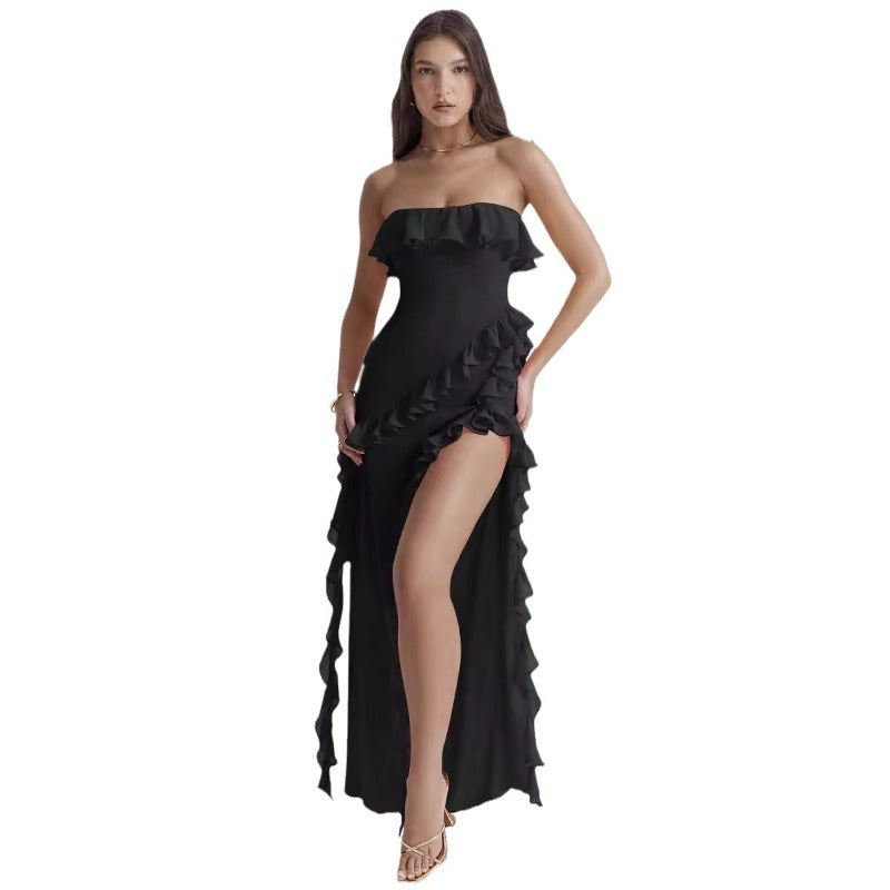 Women's dress - cross-border fashion: european & american summer sexy ruffle bandeau slit sleeveless off-shoulder evening gown dress