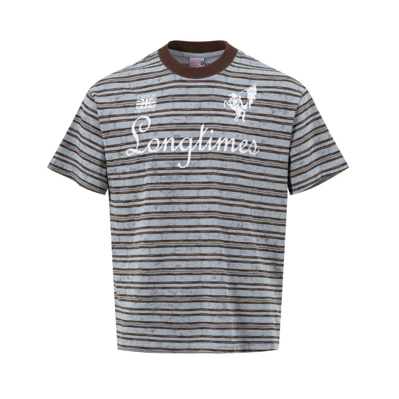 Men's t-shirts - american high street retro streetwear couple style striped letter design men's crew neck slightly loose short sleeve t-shirt