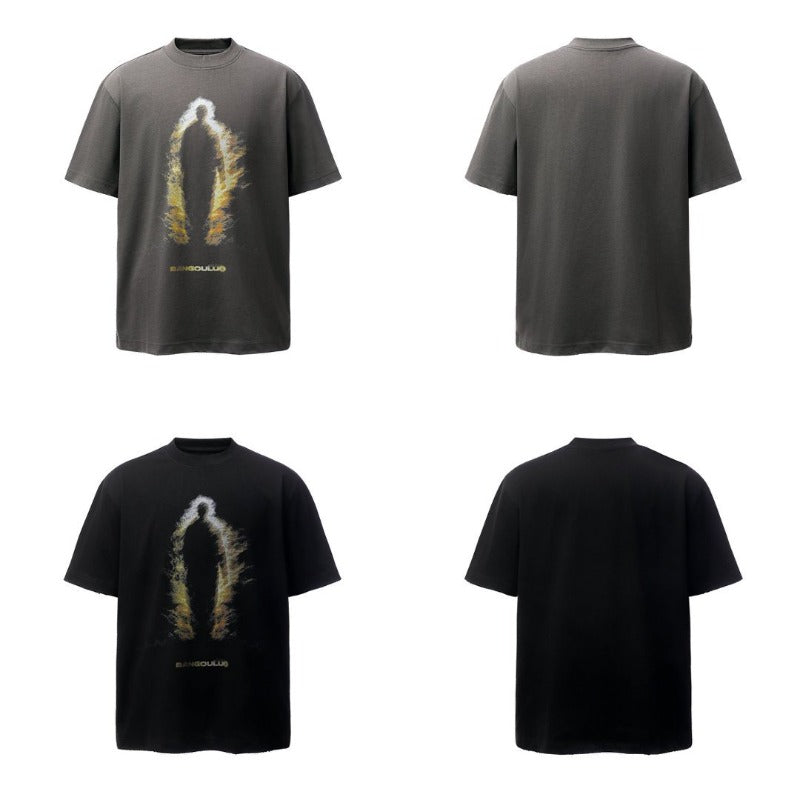 Men's t-shirts: american retro heavyweight double yarn character print crew neck design, men's high street loose fit short sleeve tee