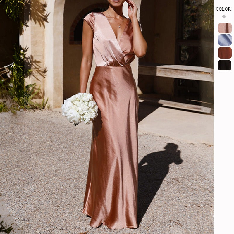 Women's dress - export fashion, european & american style, spring/summer satin solid color v-neck sexy mermaid tail dress, elegant party gown, maxi dress for women