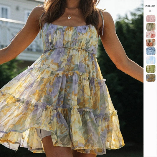 Women's dress - amazon spring/summer resort style sexy print high-end european and american spaghetti strap dress with lining