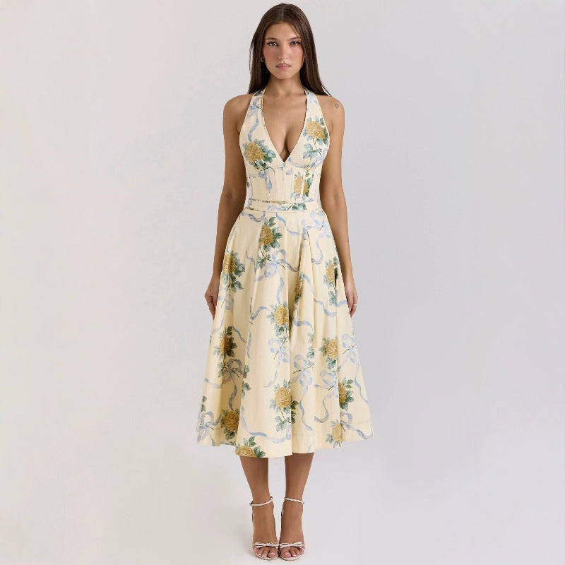 Women's dress: summer amazon hot seller - slim waist, halter neck, structured, backless, drawstring tie, bandeau, spaghetti strap dress