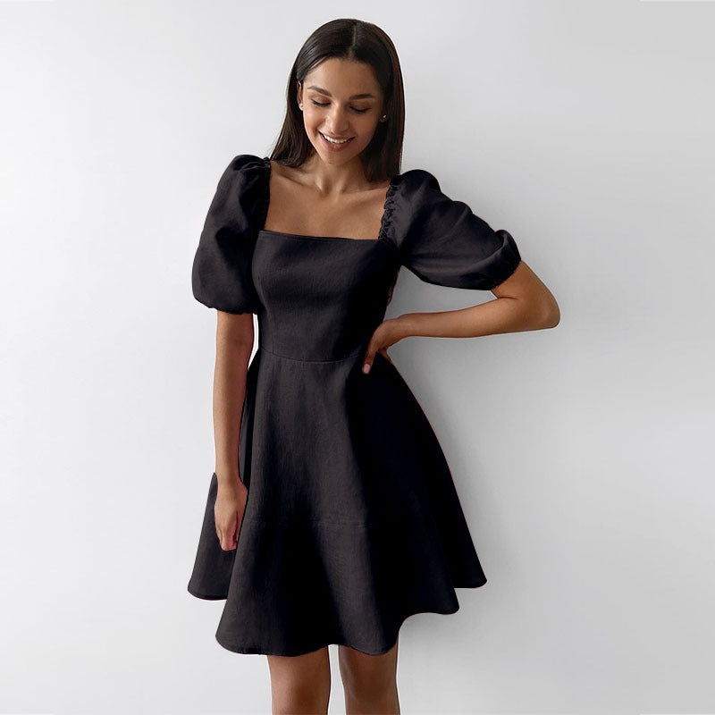 Women's dress - amazon independent store - elegant square neck short sleeve high waist slimming european and american style dress