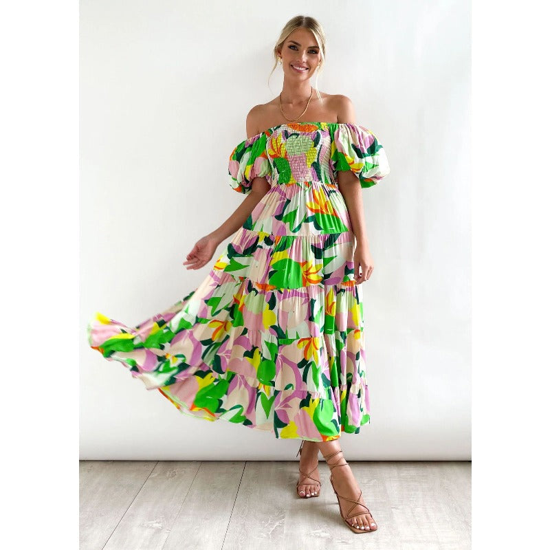 Women's summer dress: european and american style, puff sleeve, slimming maxi dress, hot girl high-waisted off-the-shoulder printed dress