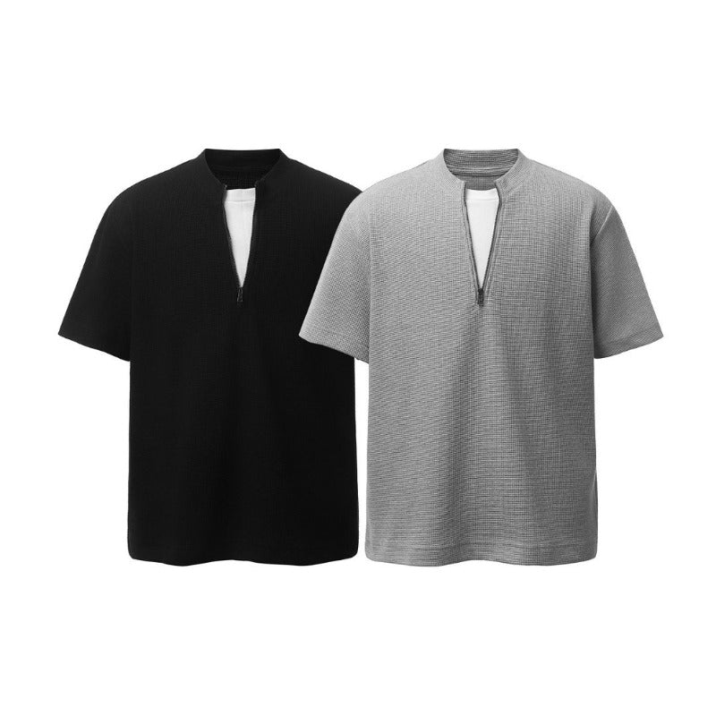Men's t-shirts: american retro heavyweight waffle knit faux two-piece deconstructed design, high street oversized short sleeve tee