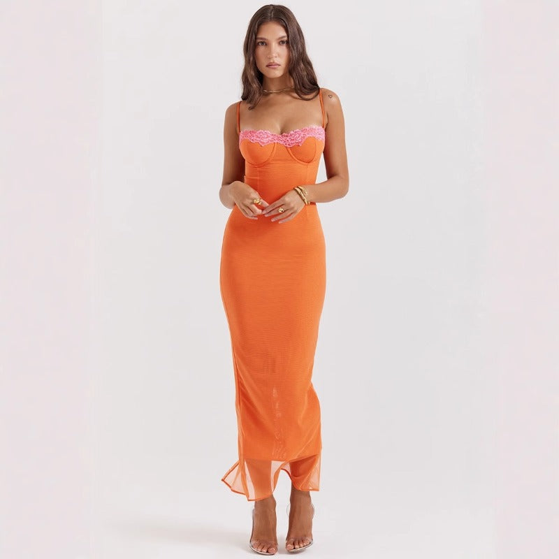 Women's dress: european and american cross-border fashion - lace trim bandeau maxi dress, spicy girl style, fashionable camisole, vacation-inspired dress for women