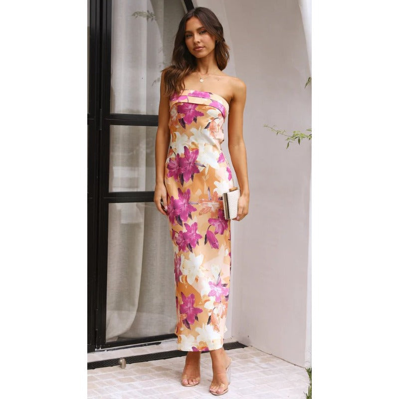 Women's dress - cross-border fashion, european & american amazon style, spring/summer elegant socialite satin backless bandeau dress with print