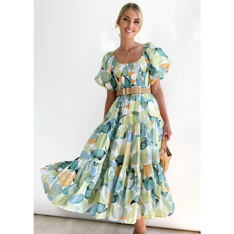 Women's dress: bestselling spring/summer one-shoulder printed puffy sleeve a-line dress for cross-border e-commerce (us/european platforms)