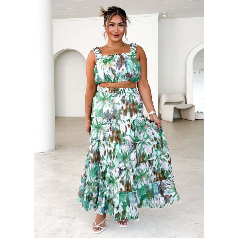 Women's dress: foreign trade vintage sleeveless cropped bandeau cami top with printed high-waisted midi skirt two-piece set