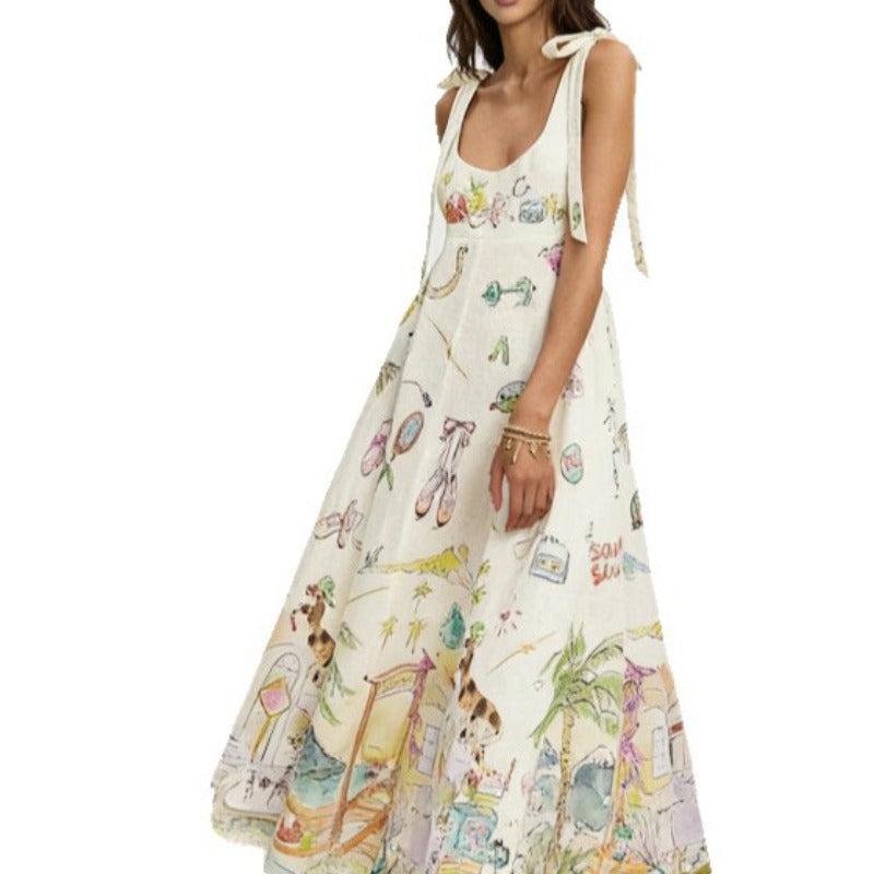 Women's vintage floral print tie-up cami maxi dress - summer bohemian style