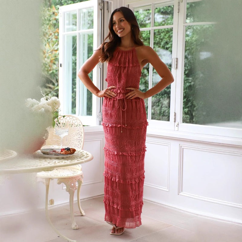 Women's sleeveless chiffon two-piece set: european & american style, spring/summer, elastic waist, loose fit, ins-inspired vacation dress set