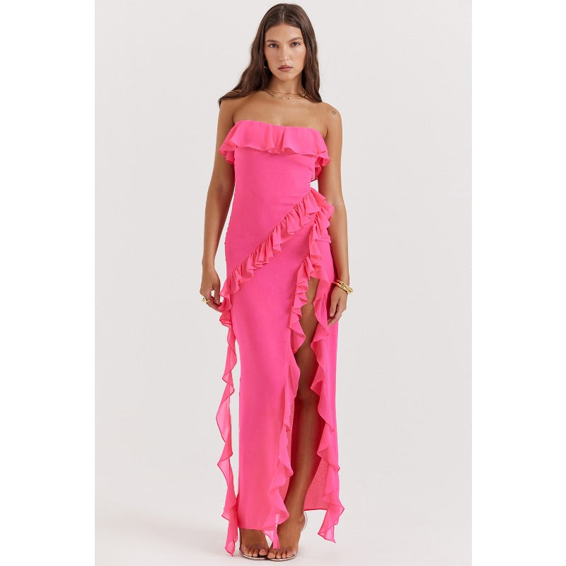 Women's dress - cross-border fashion: european & american summer sexy ruffle bandeau slit sleeveless off-shoulder evening gown dress