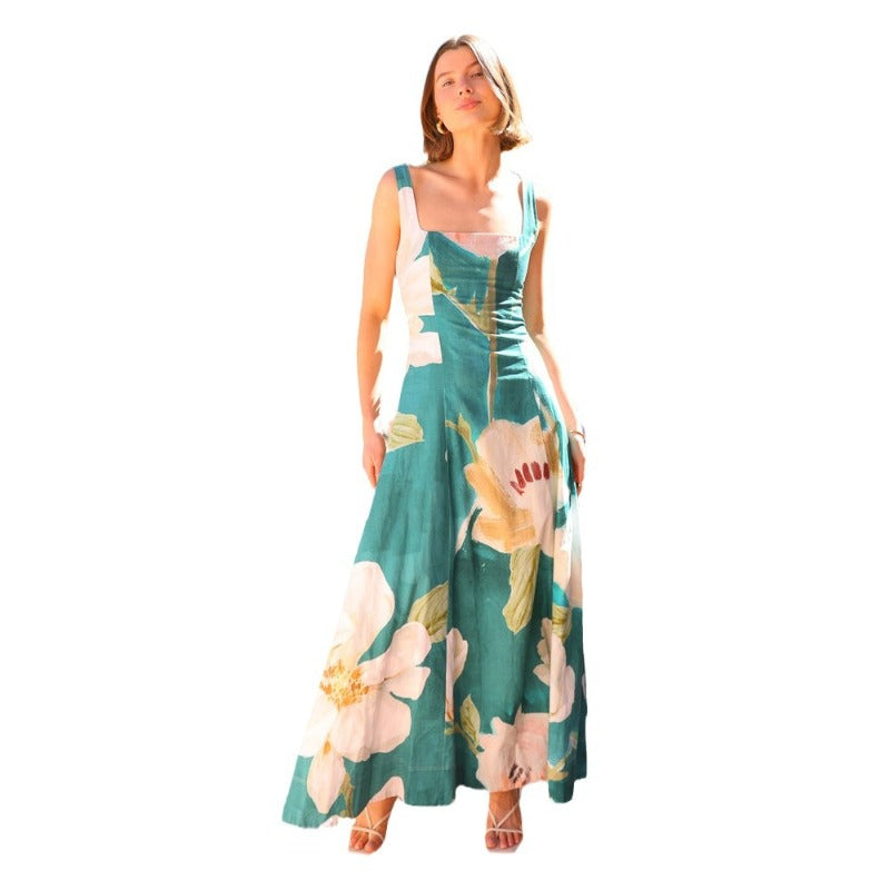 Women's dress - amazon summer european & american cross-border french retro long dress - printed camisole slimming dress for women