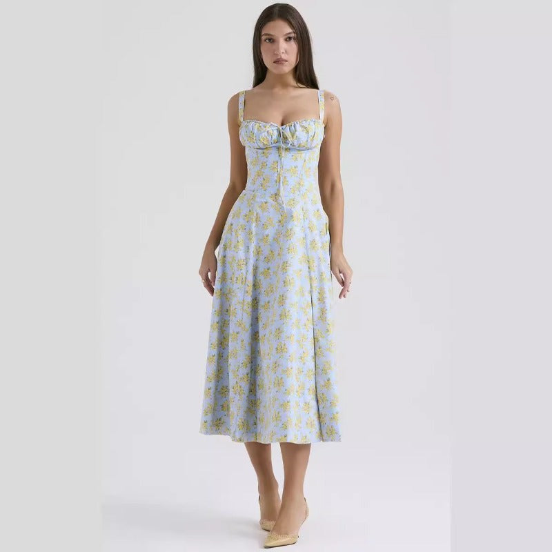 Women's dress: european and american cross-border summer sexy backless slim-fit cami dress, vacation-style floral print slit midi dress