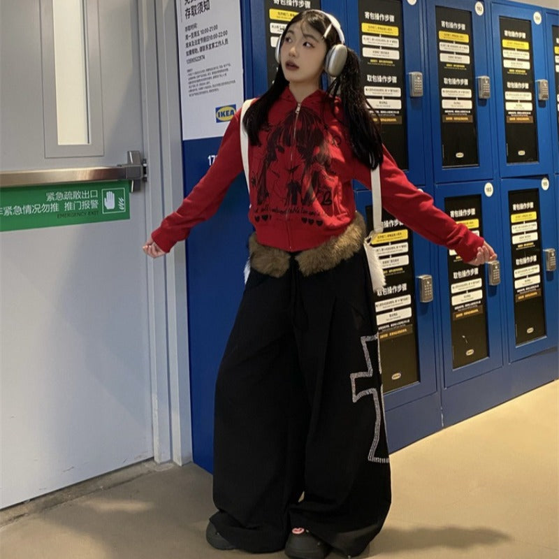 Women casual pant detachable fur collar hot rhinestones