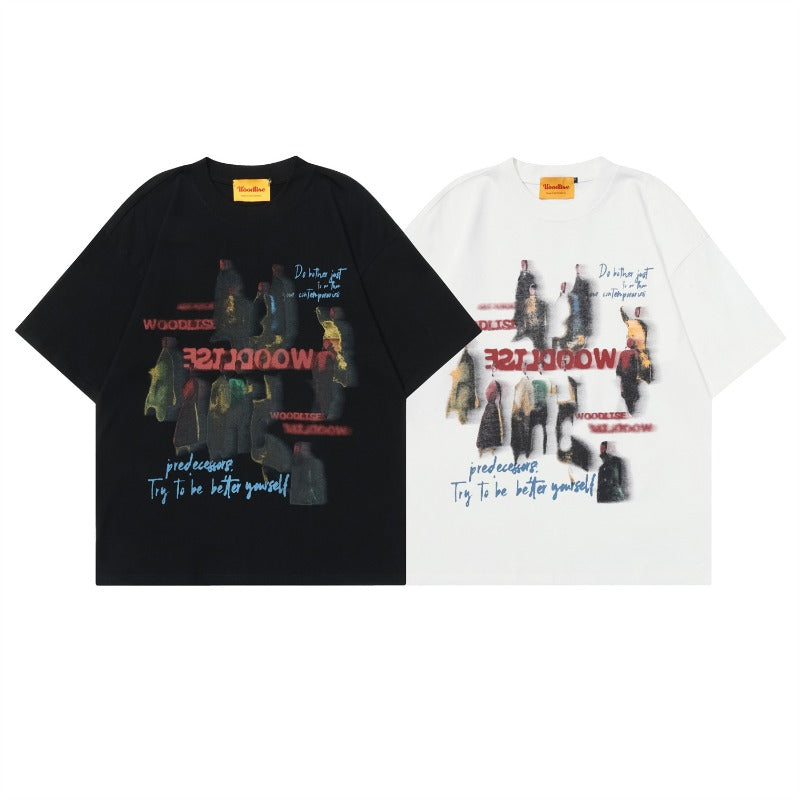 Men t shirts wt mankun spring american high street trendyretro shadow portrait back design loose short-sleeved t-shirt