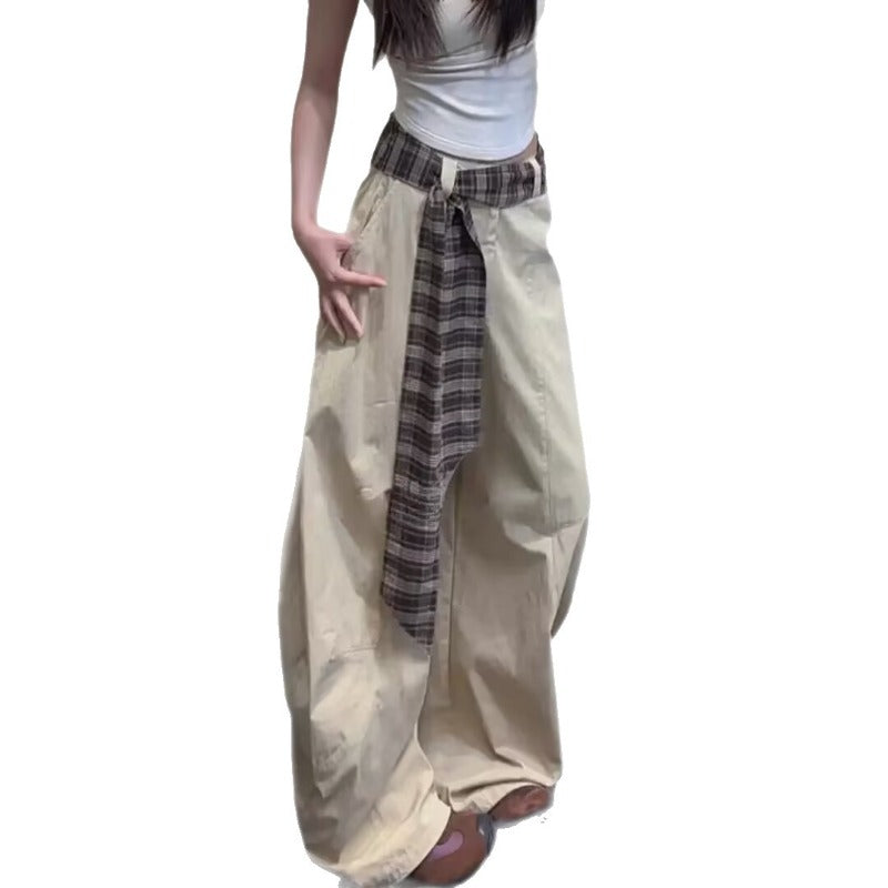 Women casual pants summer women's splicing plaid belt wide leg pants