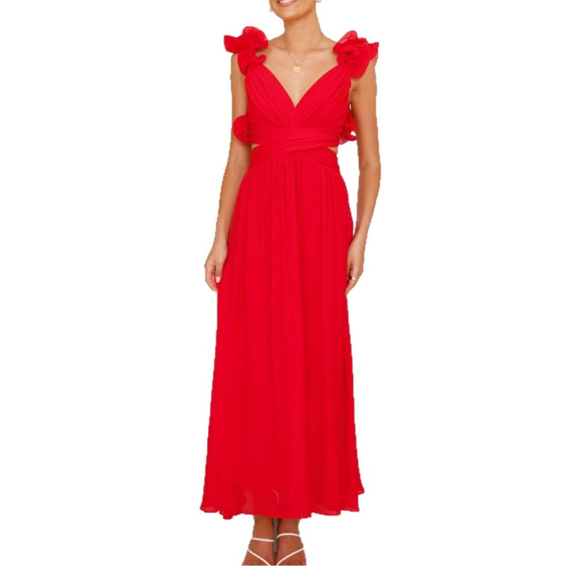 Women's chiffon floral dress - summer bestseller: backless, criss-cross tie, ruched, maxi dress