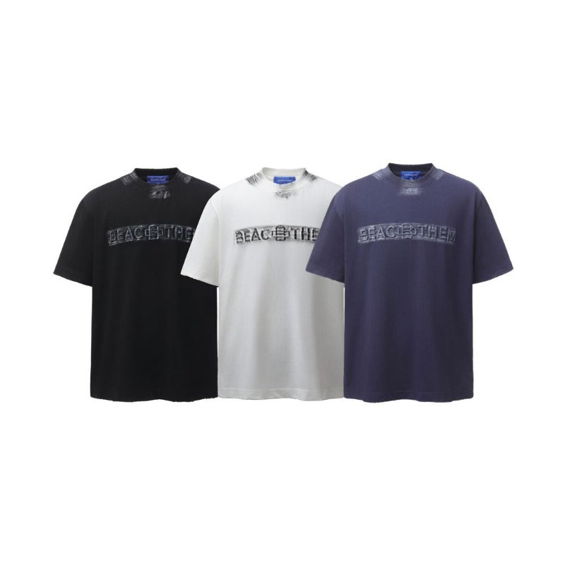 Men's t-shirts: american retro heavyweight double yarn high-quality high-street embroidered letter men's loose crew neck short sleeve t-shirt