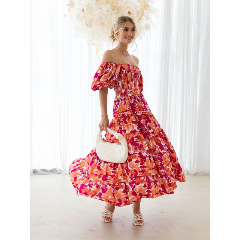 Women's dress: bestselling spring/summer one-shoulder printed puffy sleeve a-line dress for cross-border e-commerce (us/european platforms)