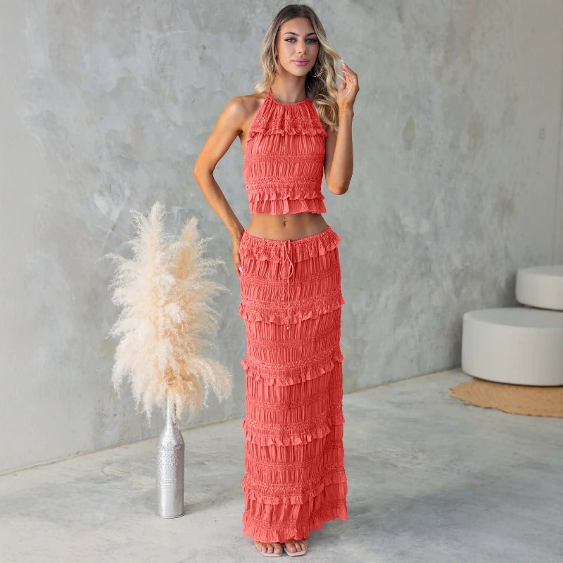 Women's sleeveless chiffon two-piece set: european & american style, spring/summer, elastic waist, loose fit, ins-inspired vacation dress set